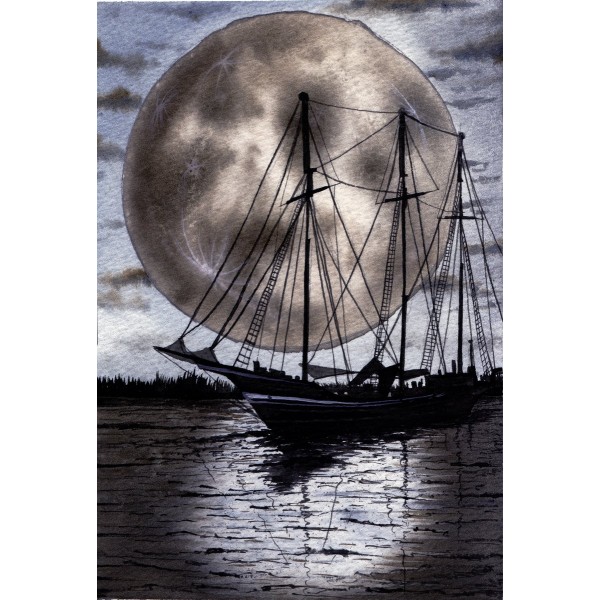 Sailing Boat in Full Moon
