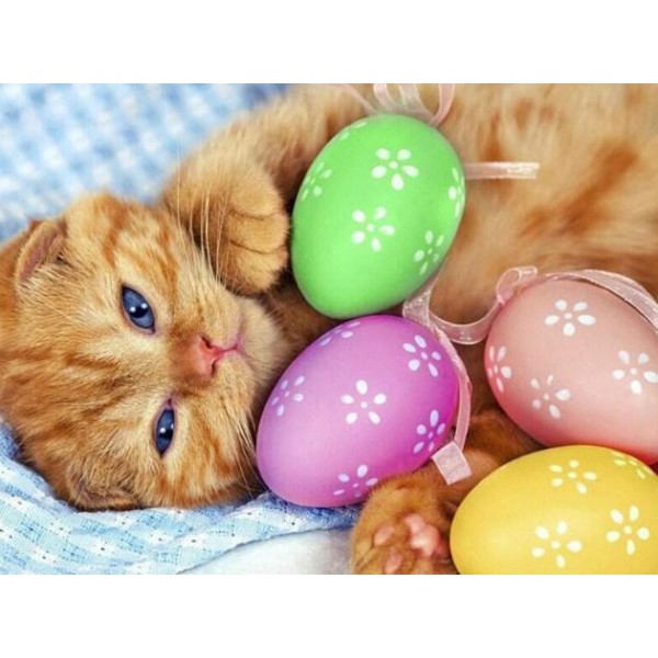 A cute kitten with Easter eggs