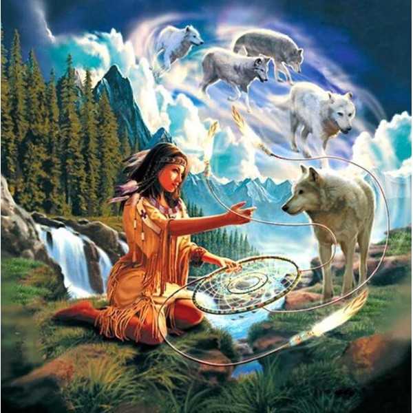 Indian with Dreamy Wolves