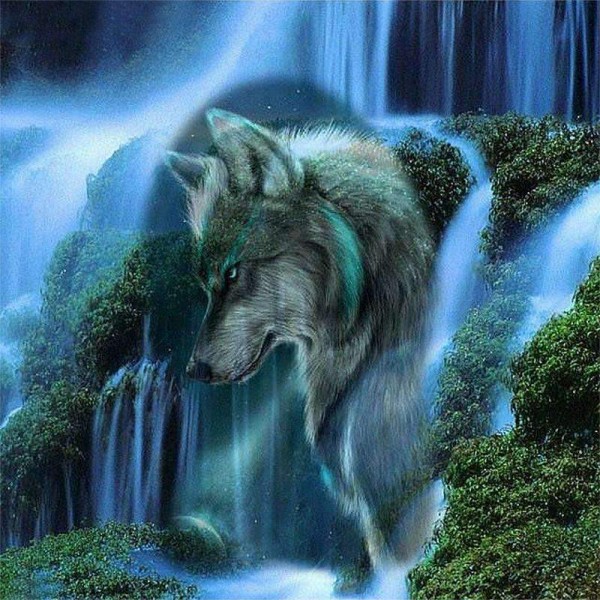 Artistic Wolf in Waterfall