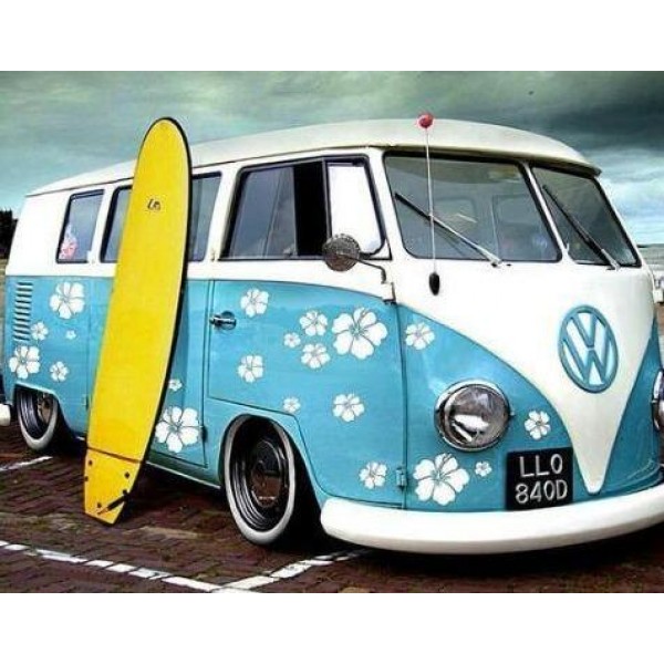 Blue Van with Yellow Surfboard