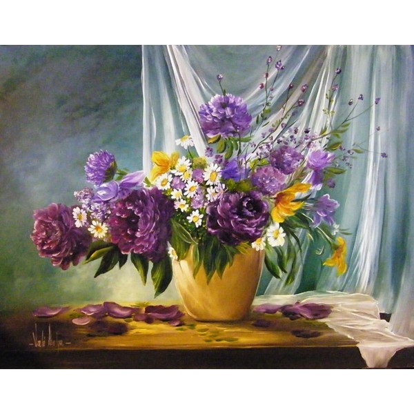 Purple Flowers Golden Vase